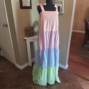 Tiered Maxi Length Pastel Gingham Check Sun Dress Sleeveless SMALL